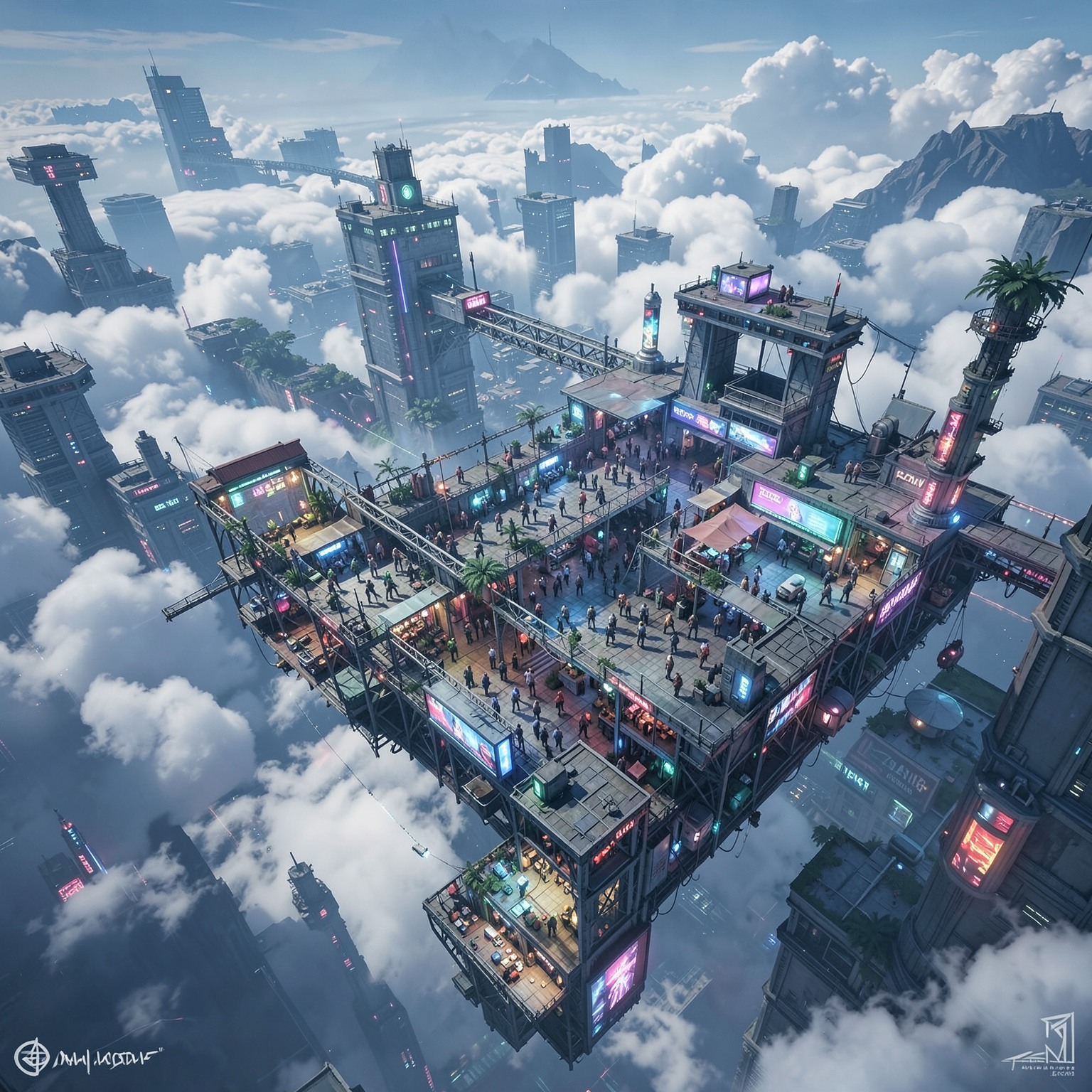 floating cyberpunk marketplace above clouds