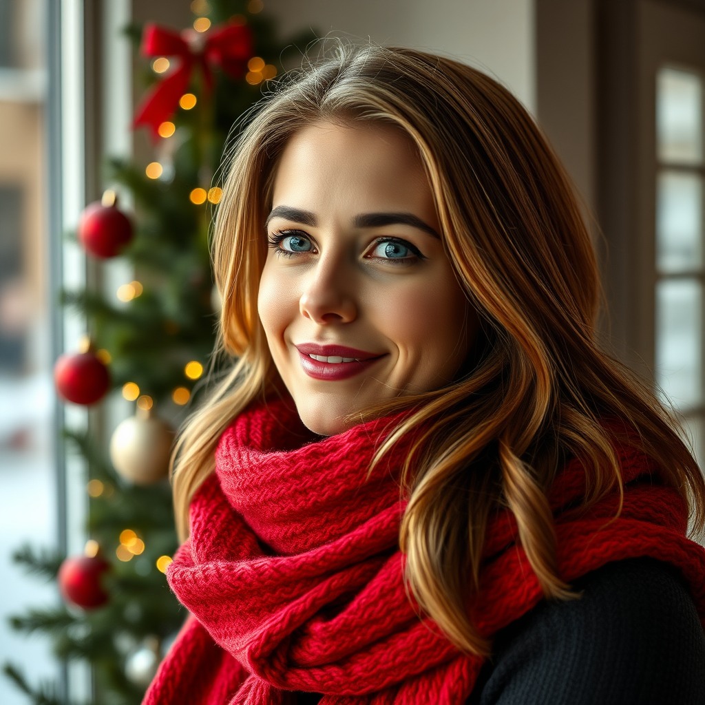 christmas portrait with red scarf, natural light, photorealistic