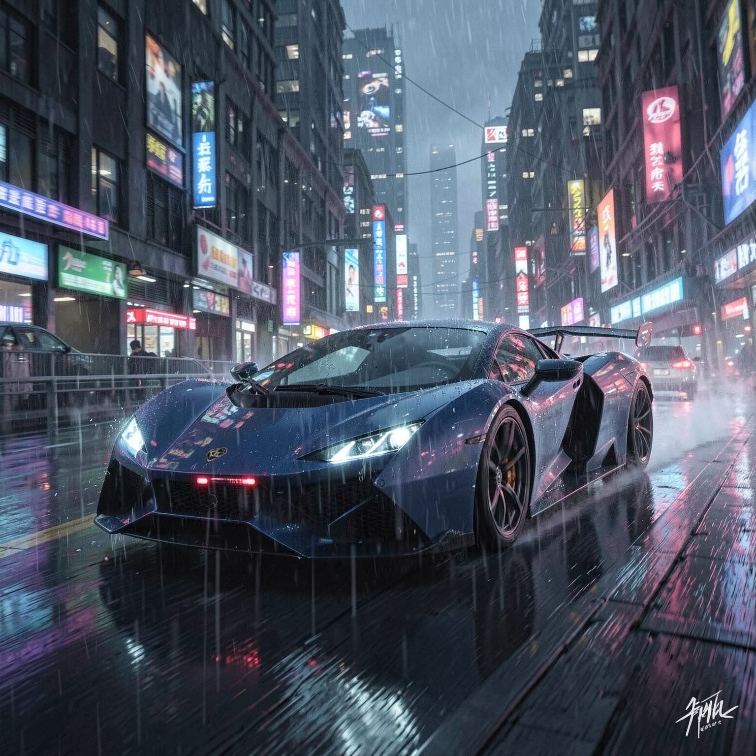 futuristic supercar driving through cyberpunk city rain