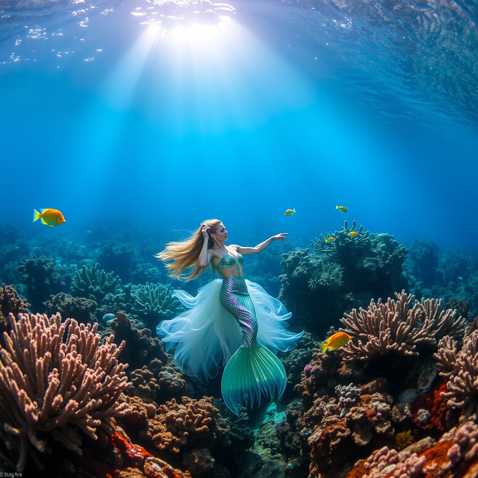 Mermaid with iridescent scales dancing in a coral reef under sunlight