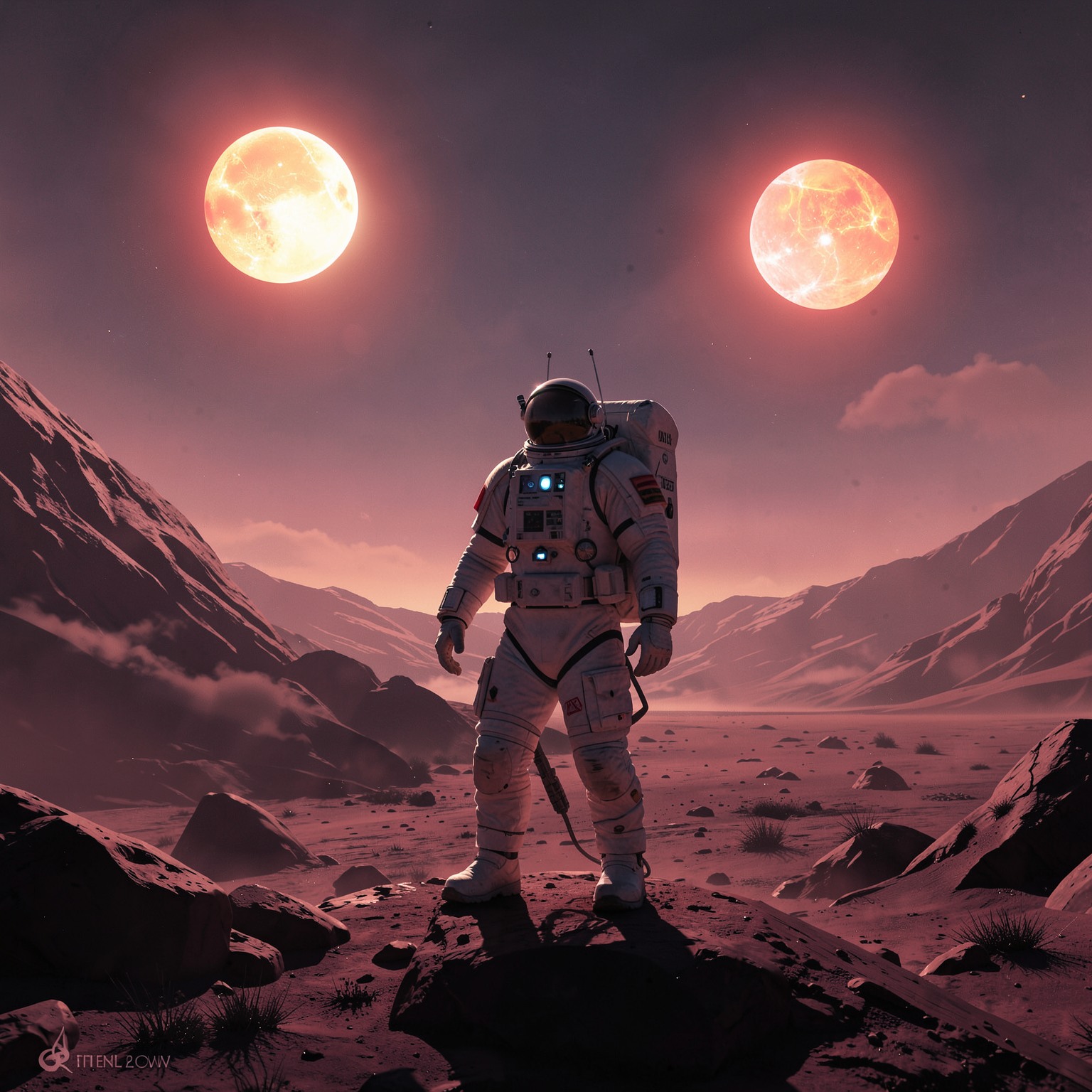 astronaut standing on alien planet with two suns in sky