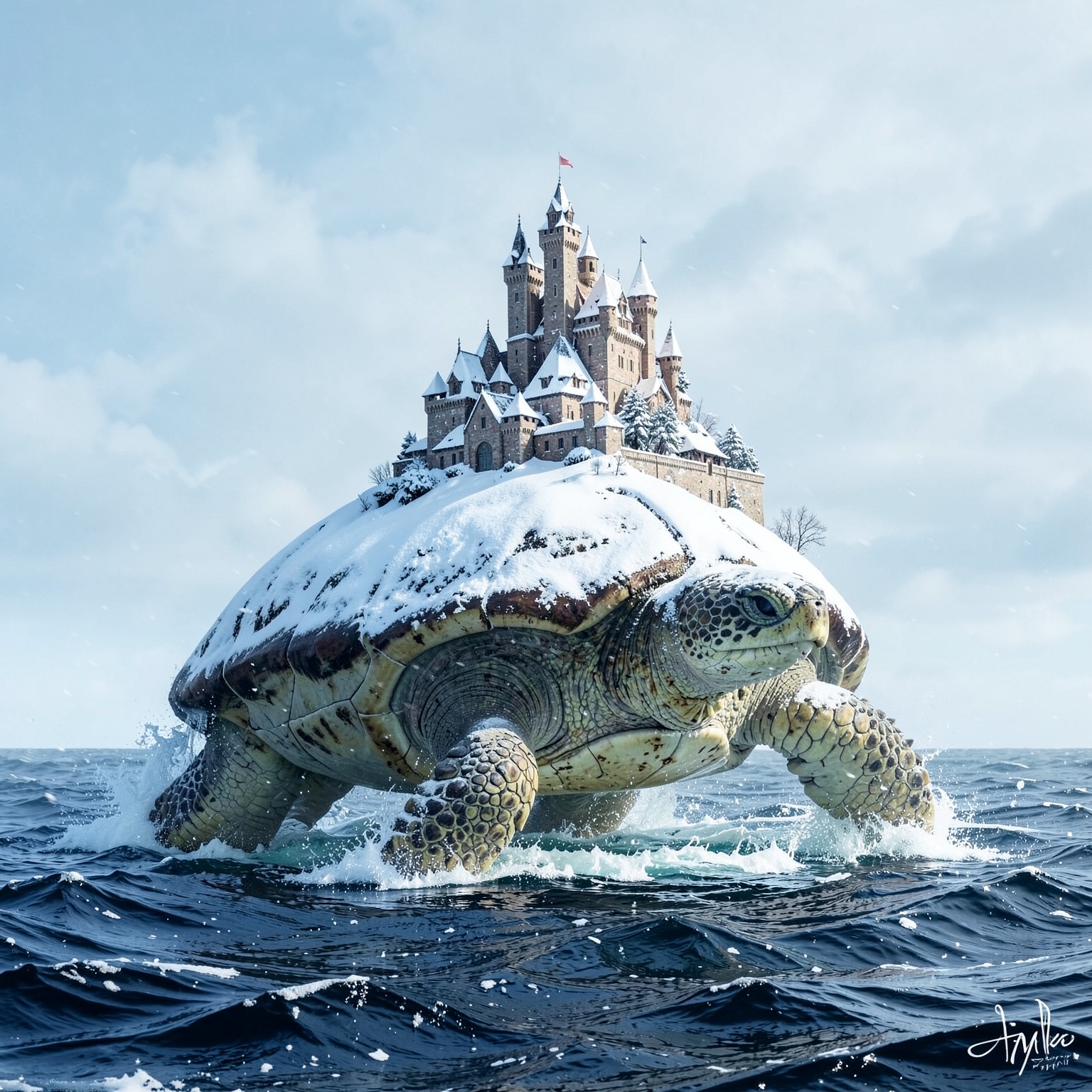 Snow-covered castle on top of giant turtle walking through ocean