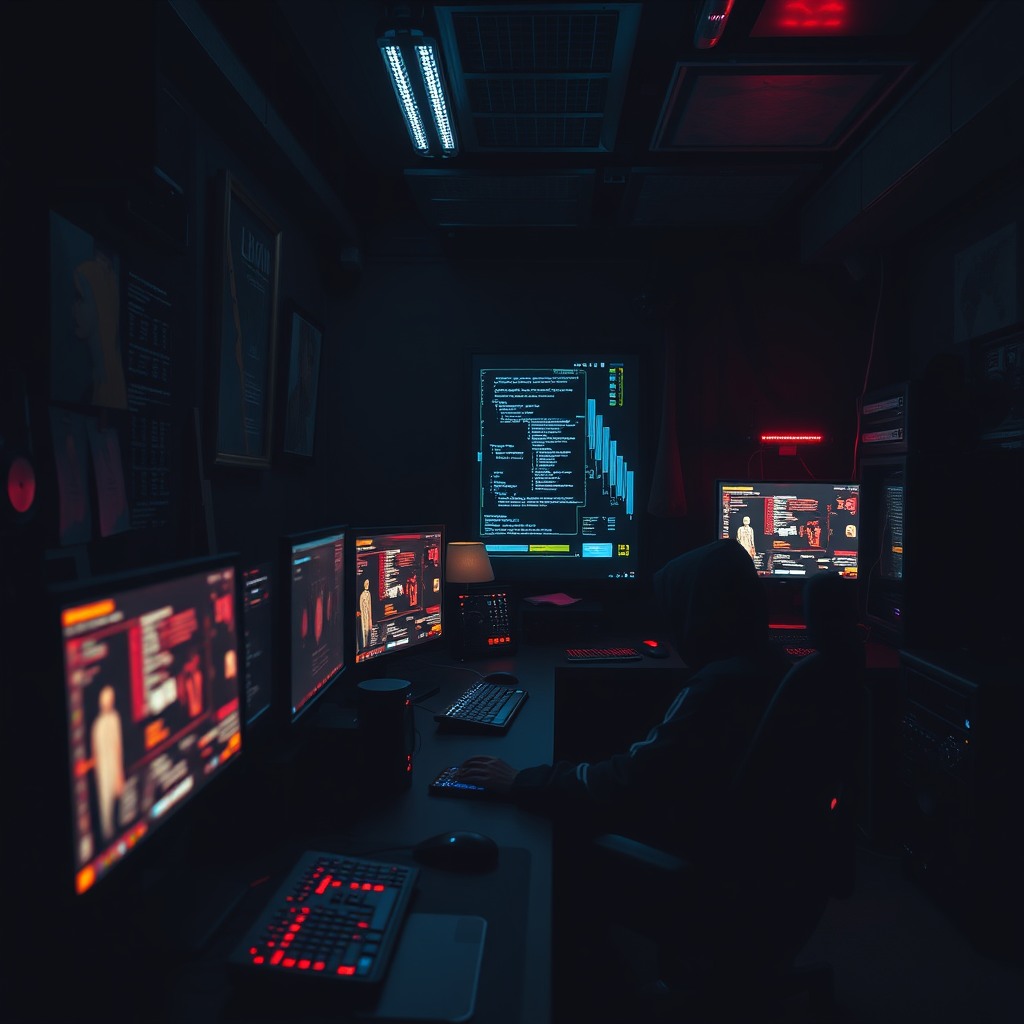 dark cyber hacker room, glowing monitors, moody lighting, cinematic realism