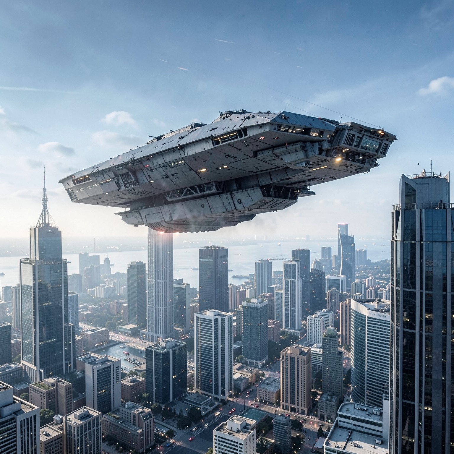massive spaceship hovering above modern city skyline