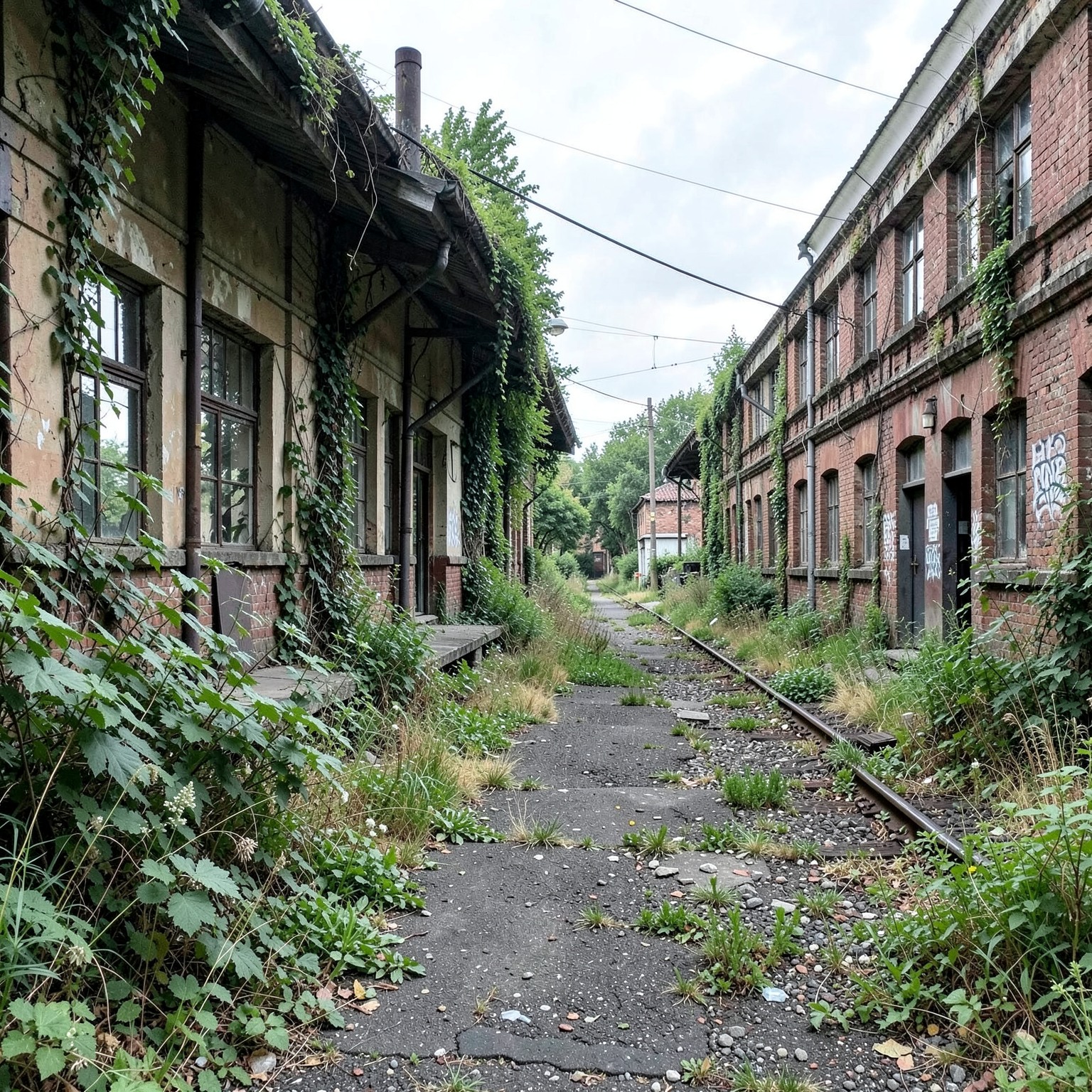 Abandoned train station with overgrown plants