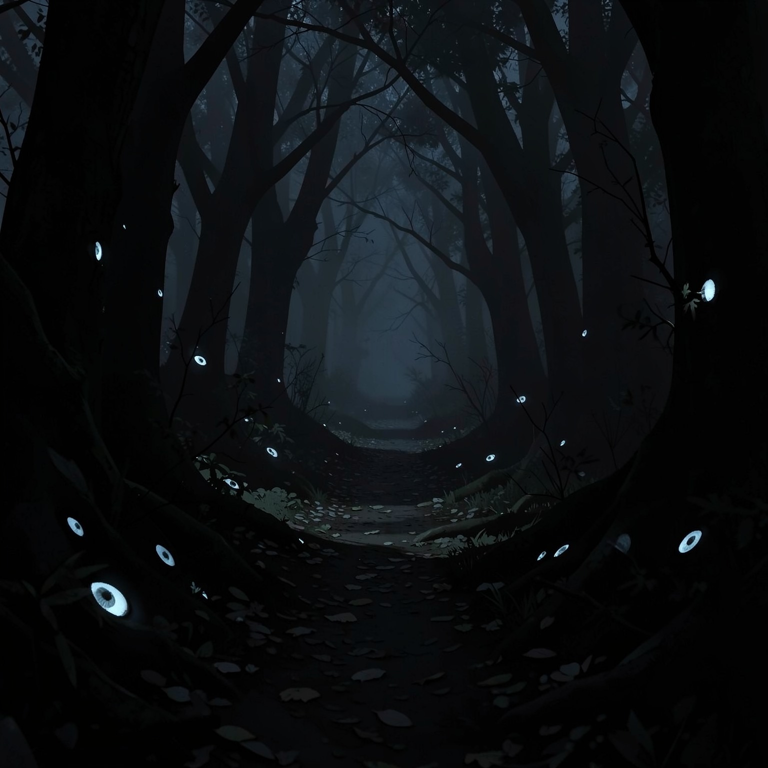 dark mysterious forest path with glowing eyes in shadows