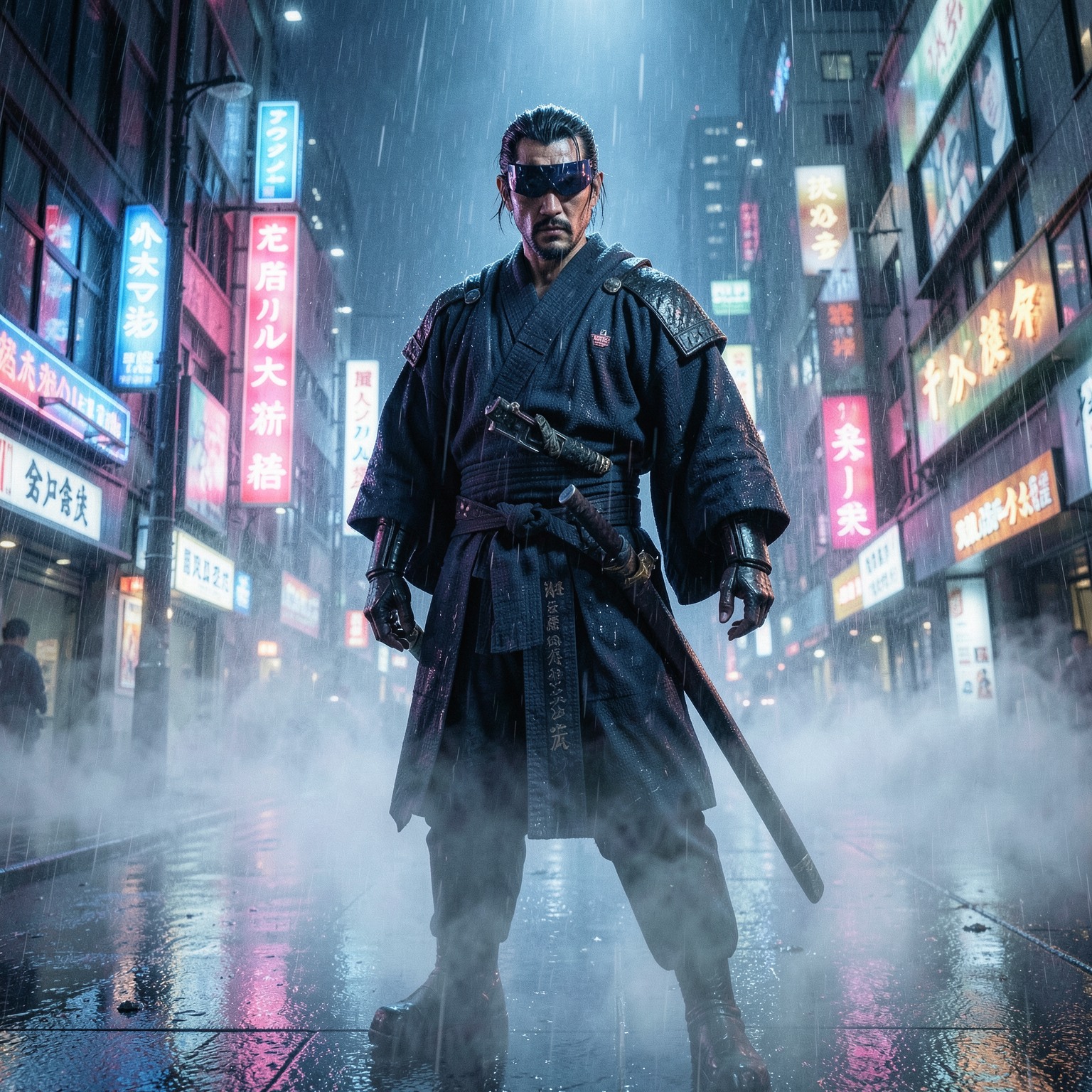 Cyberpunk samurai standing in neon Tokyo rain, cinematic lighting, ultra detailed, volumetric fog