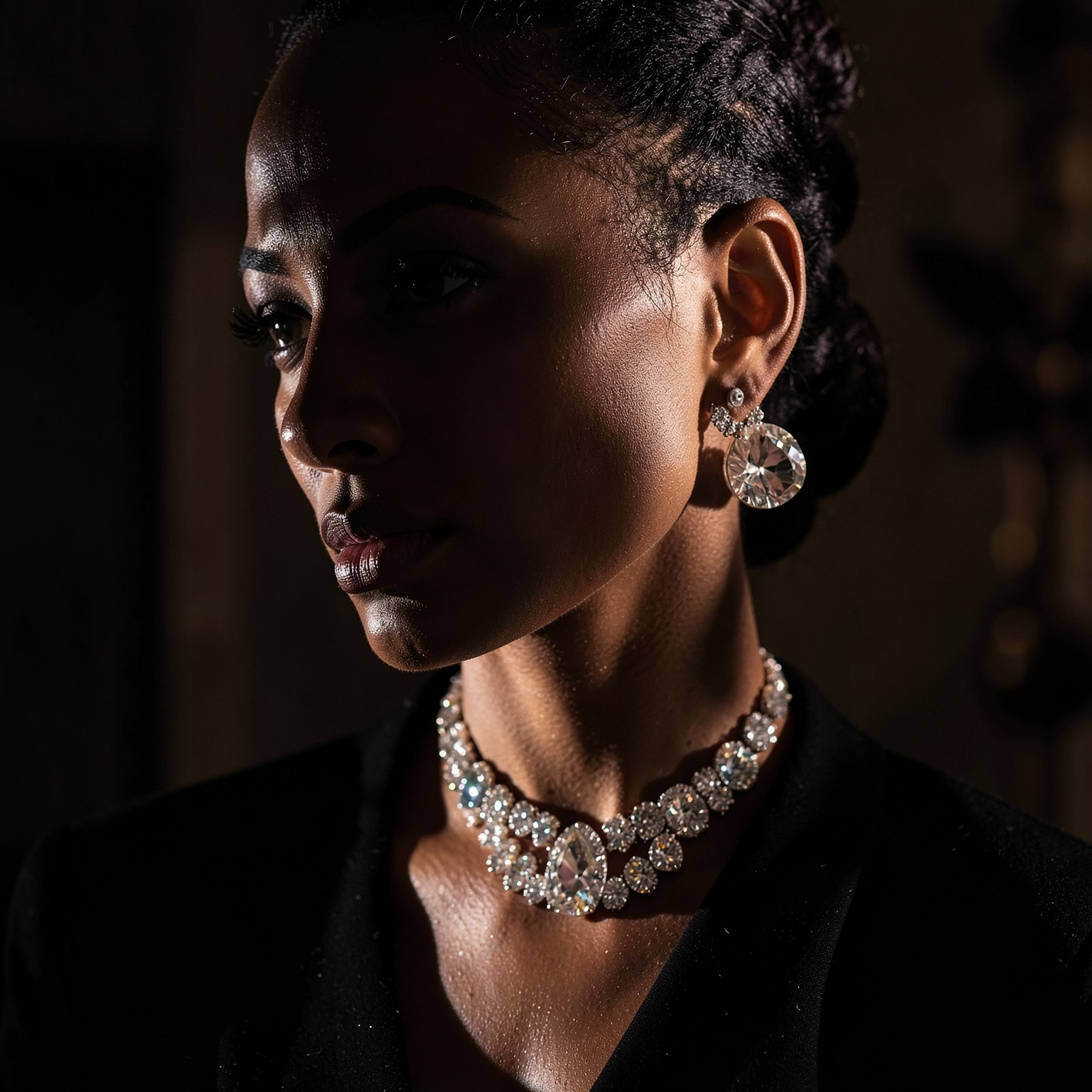 Luxury fashion portrait with dramatic side lighting and expensive jewelry