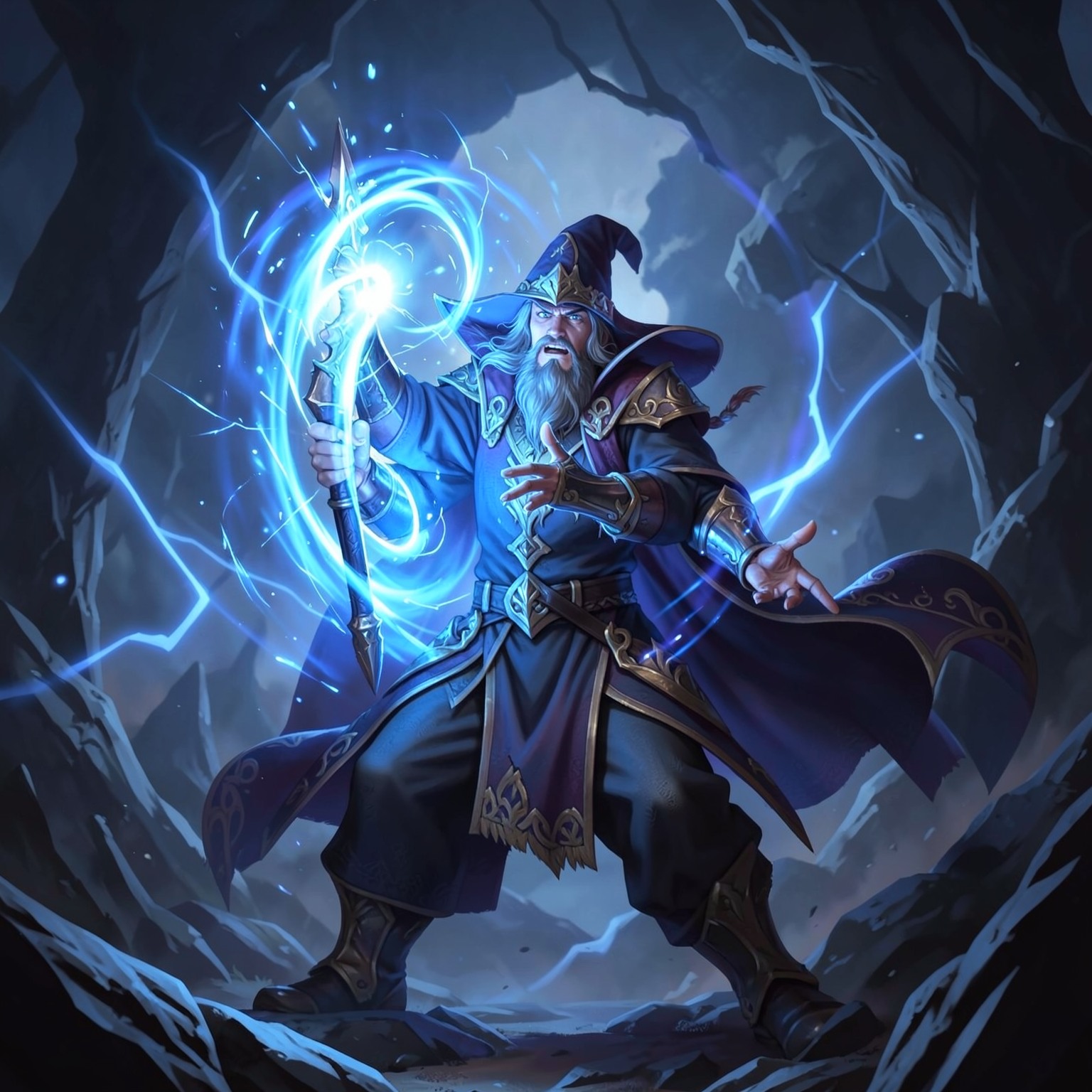 fantasy wizard casting powerful blue magic spell