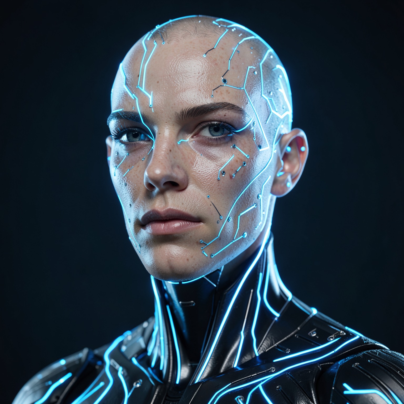 futuristic AI humanoid portrait with glowing circuits and realistic skin