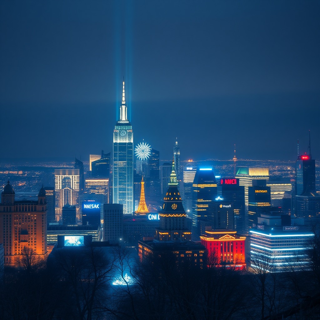christmas night city skyline, glowing lights, cinematic realism