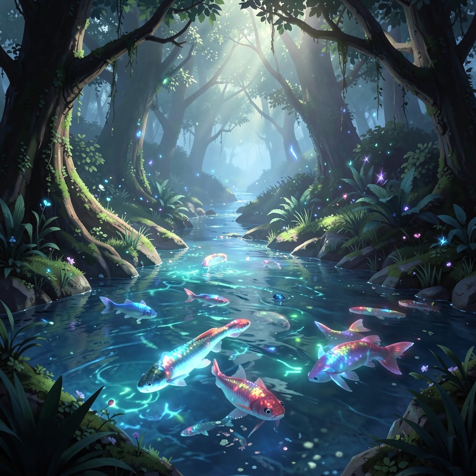 Magical forest river with glowing fish