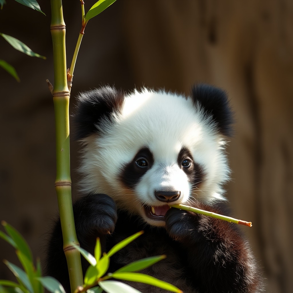cute baby panda eating bamboo, natural light, adorable mood