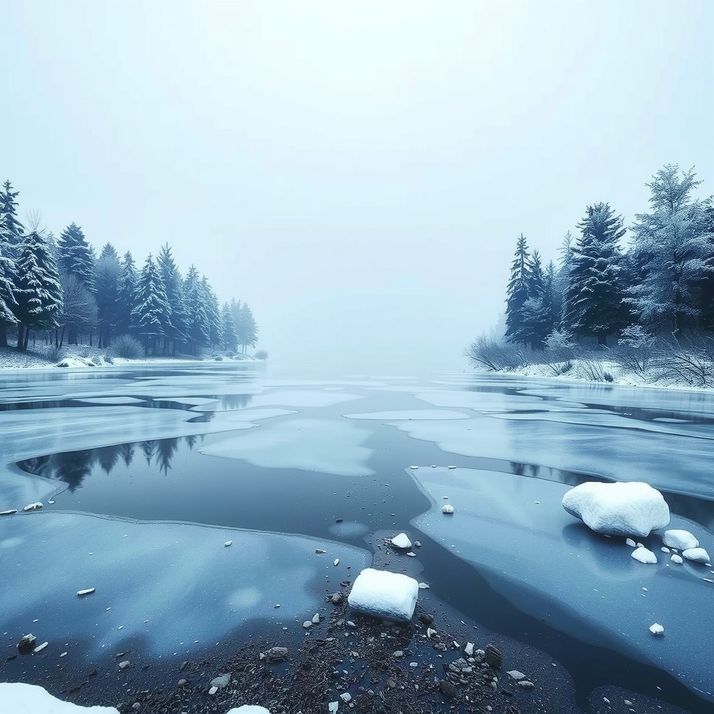 Realistic photograph of a frozen lake surrounded by pine trees, cold blue tones
