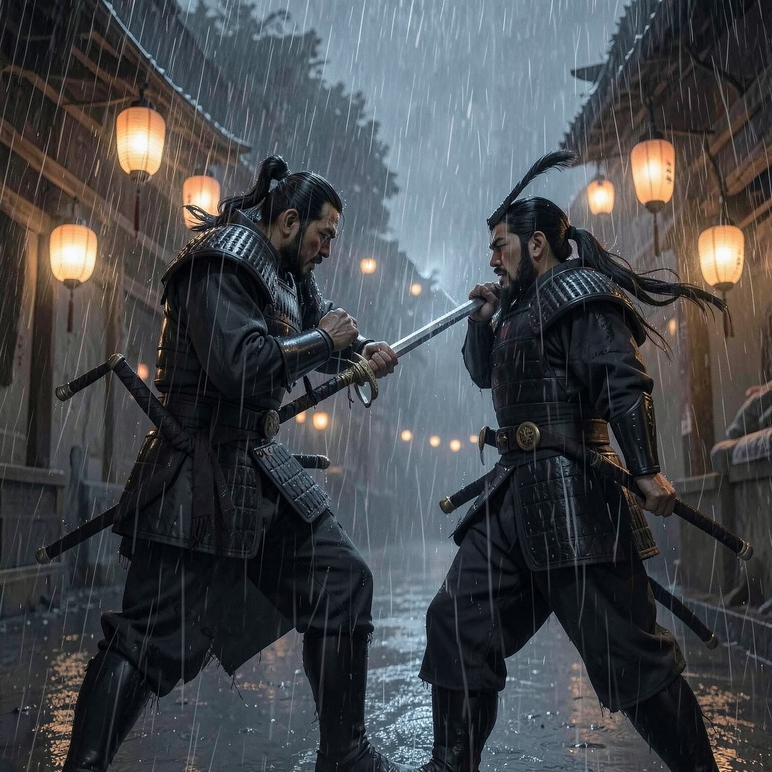 Samurai duel during heavy rain under glowing lanterns