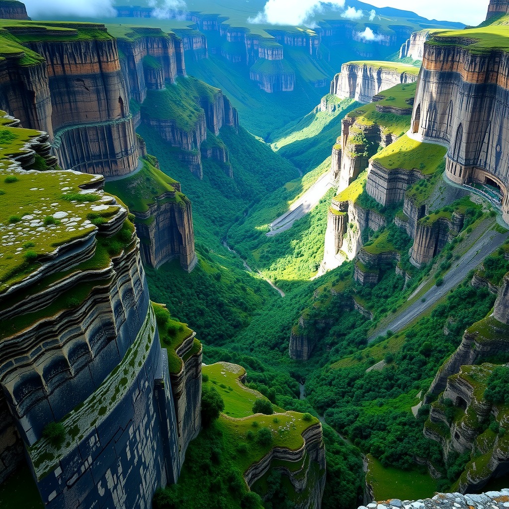 Realistic photograph of a deep green valley surrounded by steep cliffs, balanced exposure