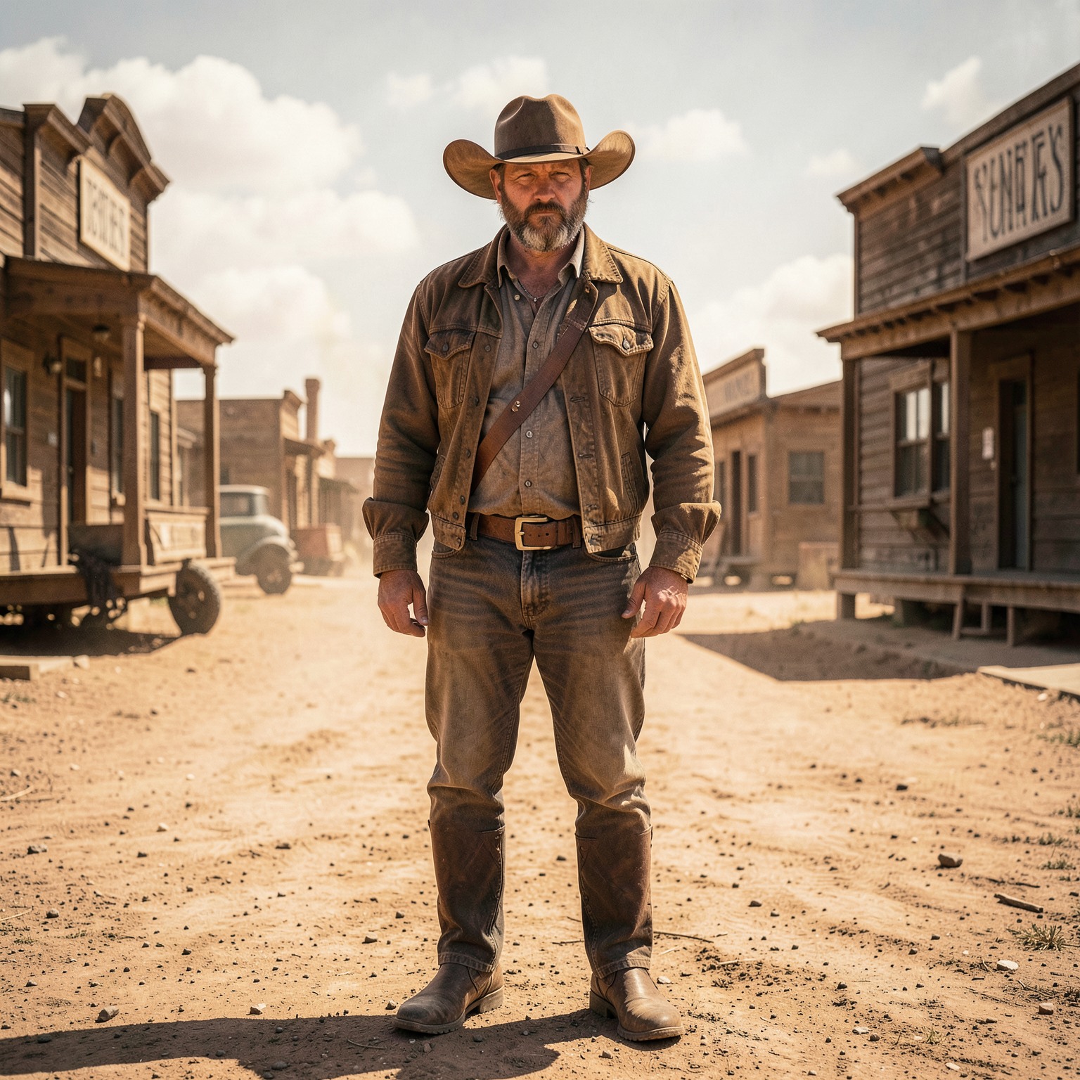cinematic cowboy standing alone in dusty western town