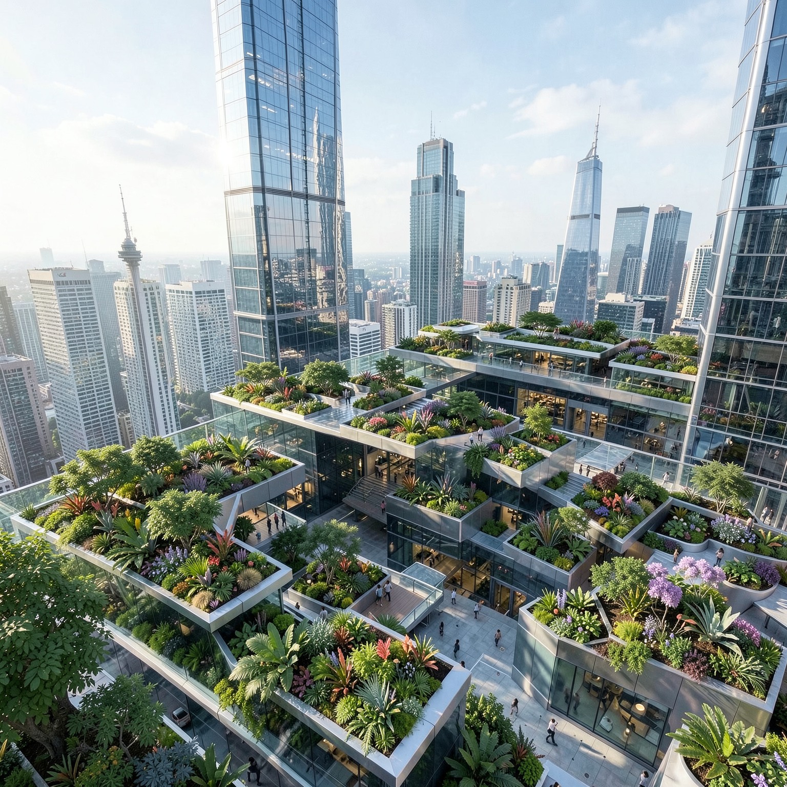 futuristic skyscraper rooftop garden in mega city