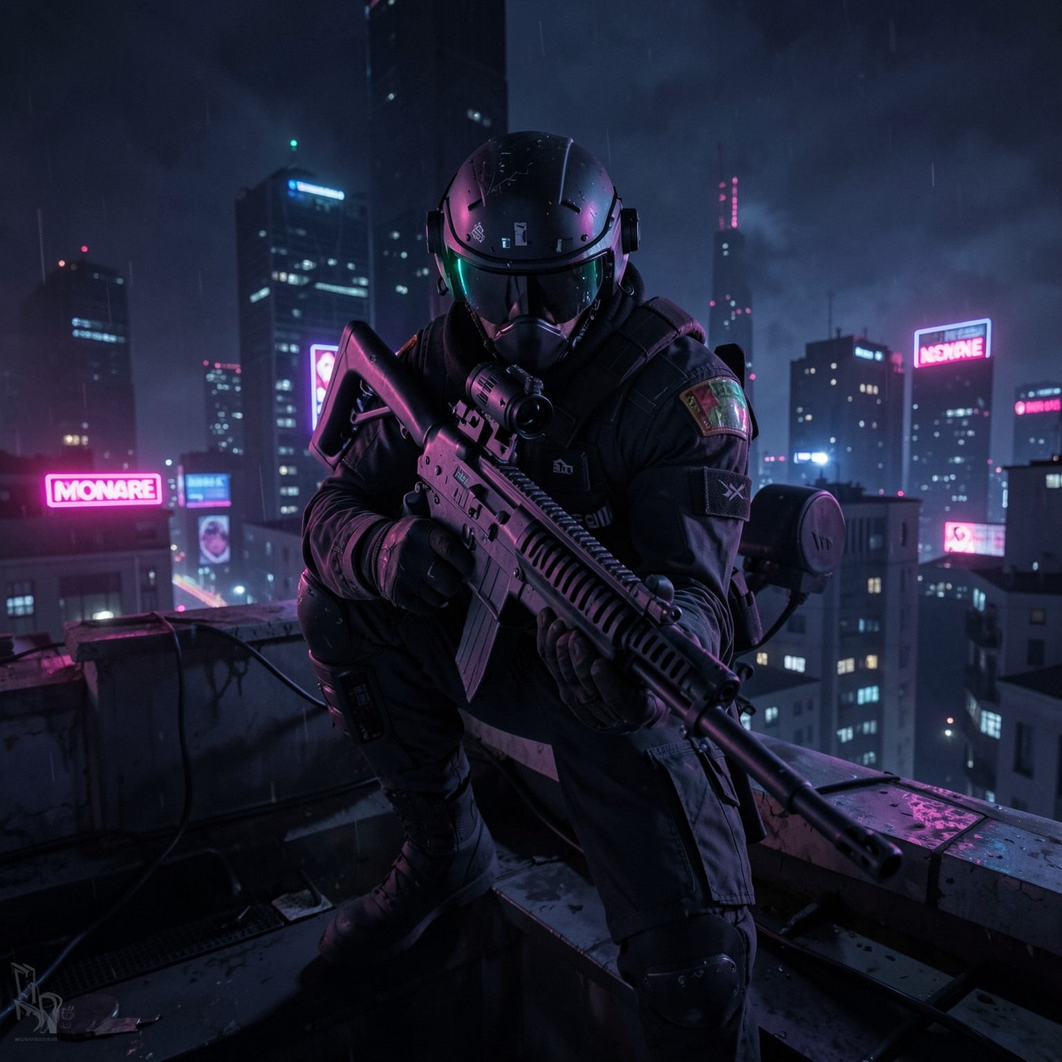 cyberpunk sniper on rooftop at night, dramatic neon lighting