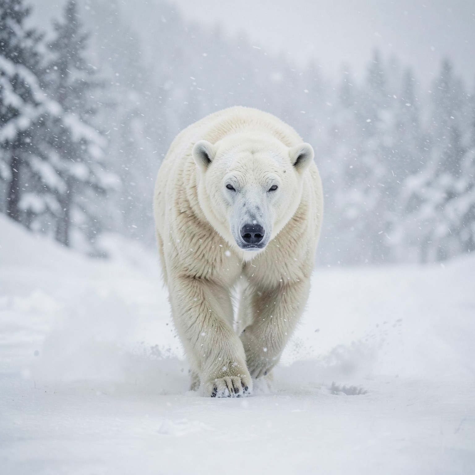 realistic polar bear walking through blizzard