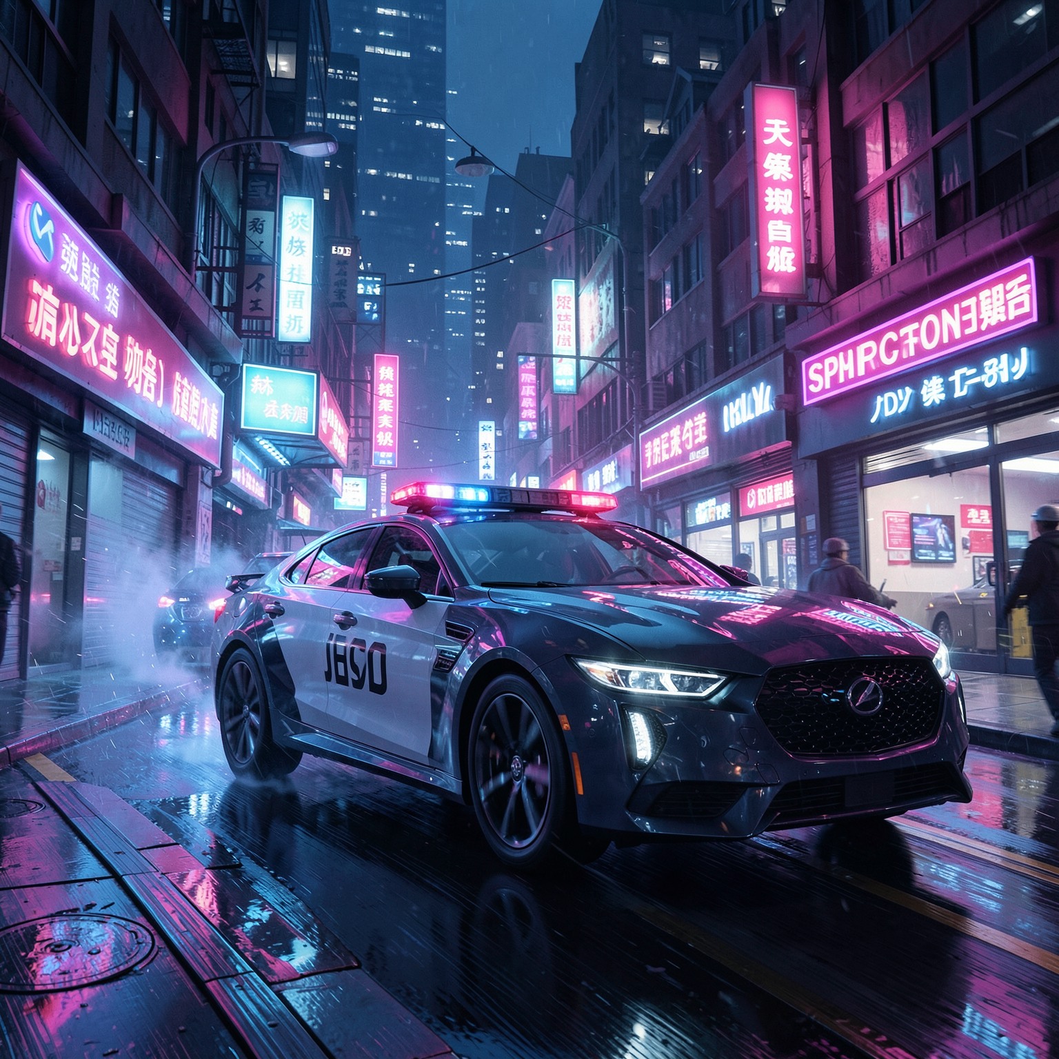 futuristic police car chase in neon cyberpunk streets