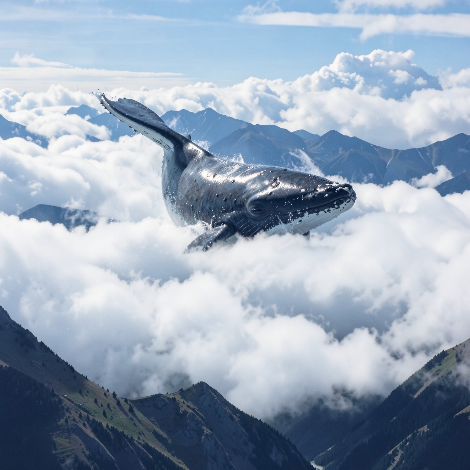 giant whale swimming through clouds above mountains