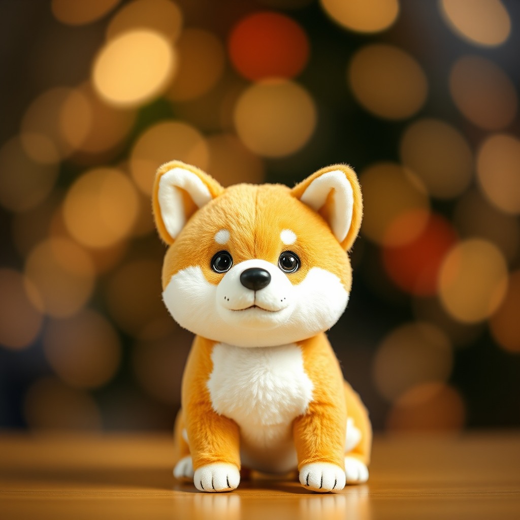 adorable shiba inu, bokeh background, plush toy proportions