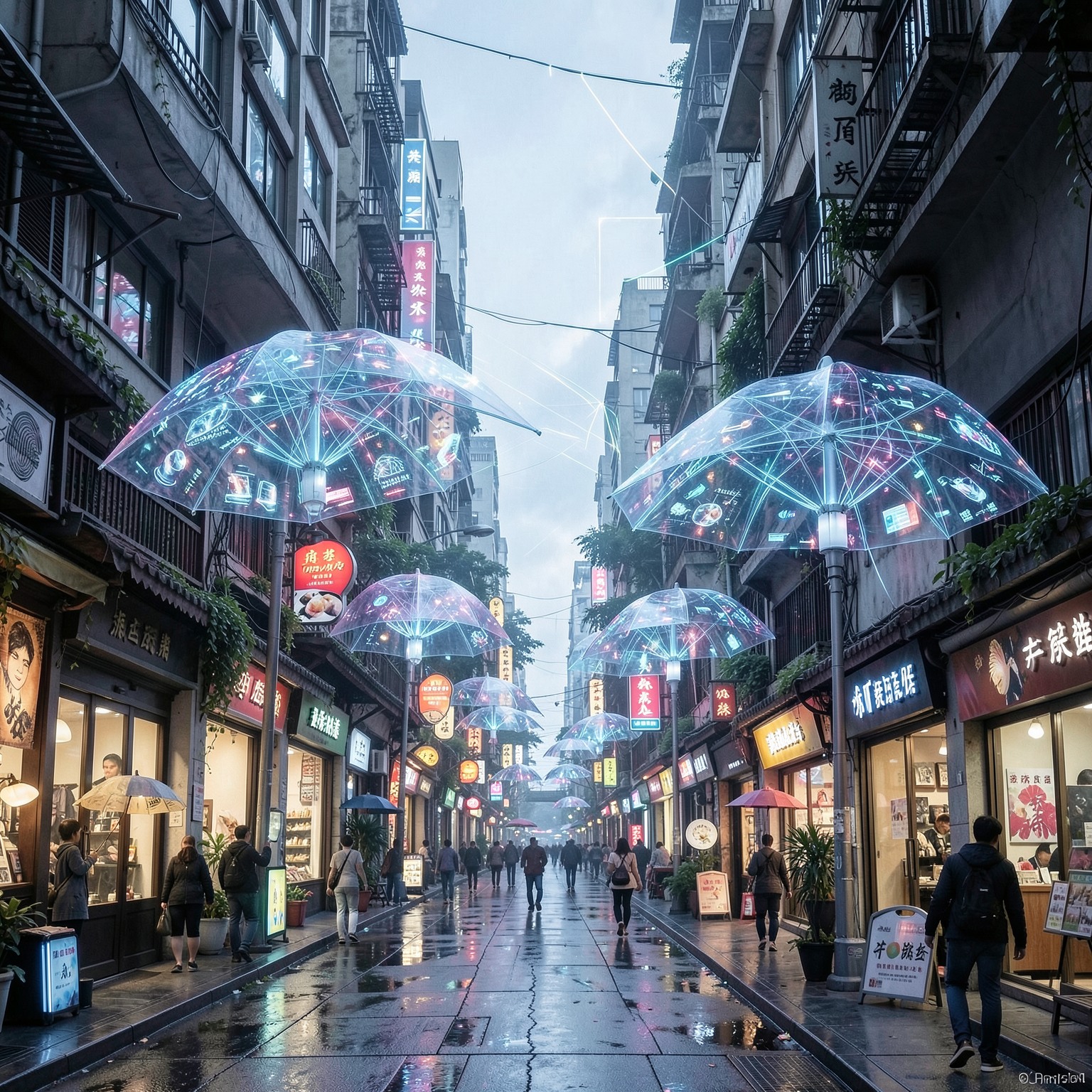 futuristic Asian street with holographic umbrellas