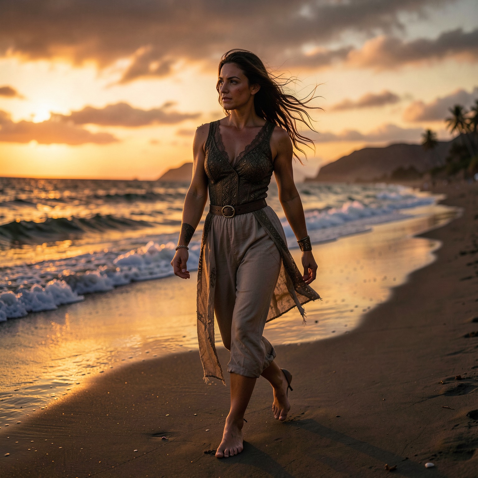 ultra realistic photo of a beautiful woman walking on the beach at sunset, golden hour lighting, realistic skin texture, cinematic colors, professional photography, dark fantasy