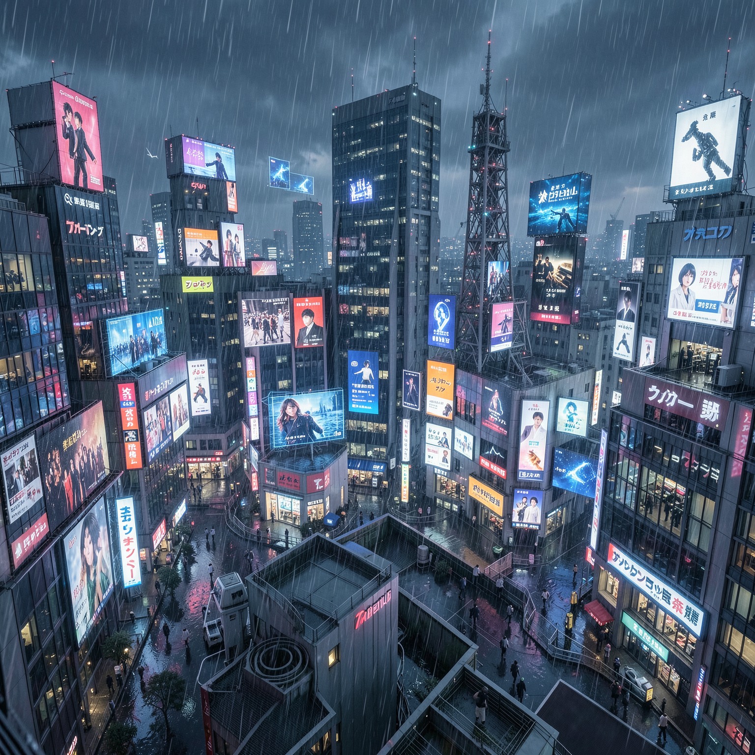 futuristic Tokyo rooftop during rainstorm, holographic ads everywhere