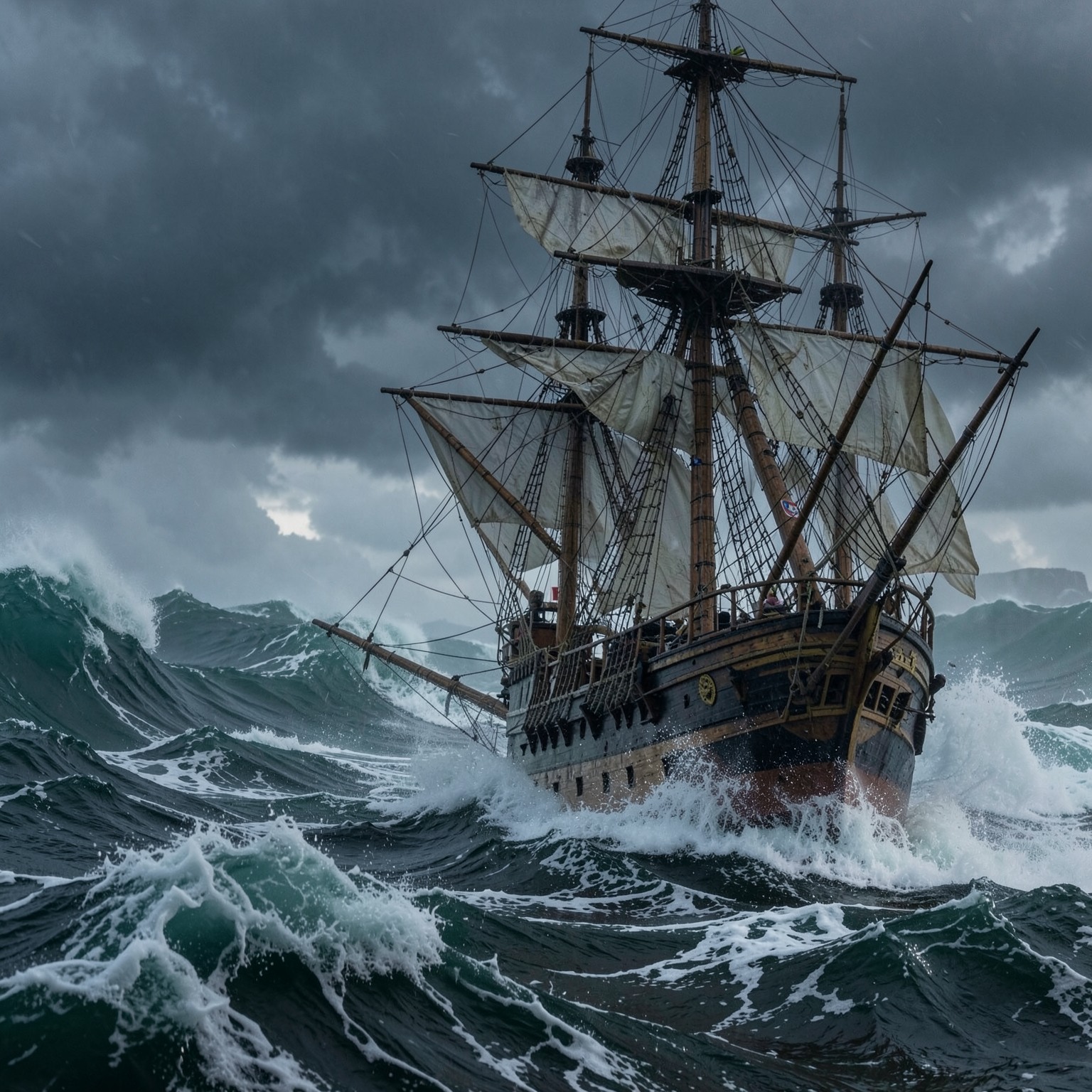 realistic pirate ship inside massive storm waves