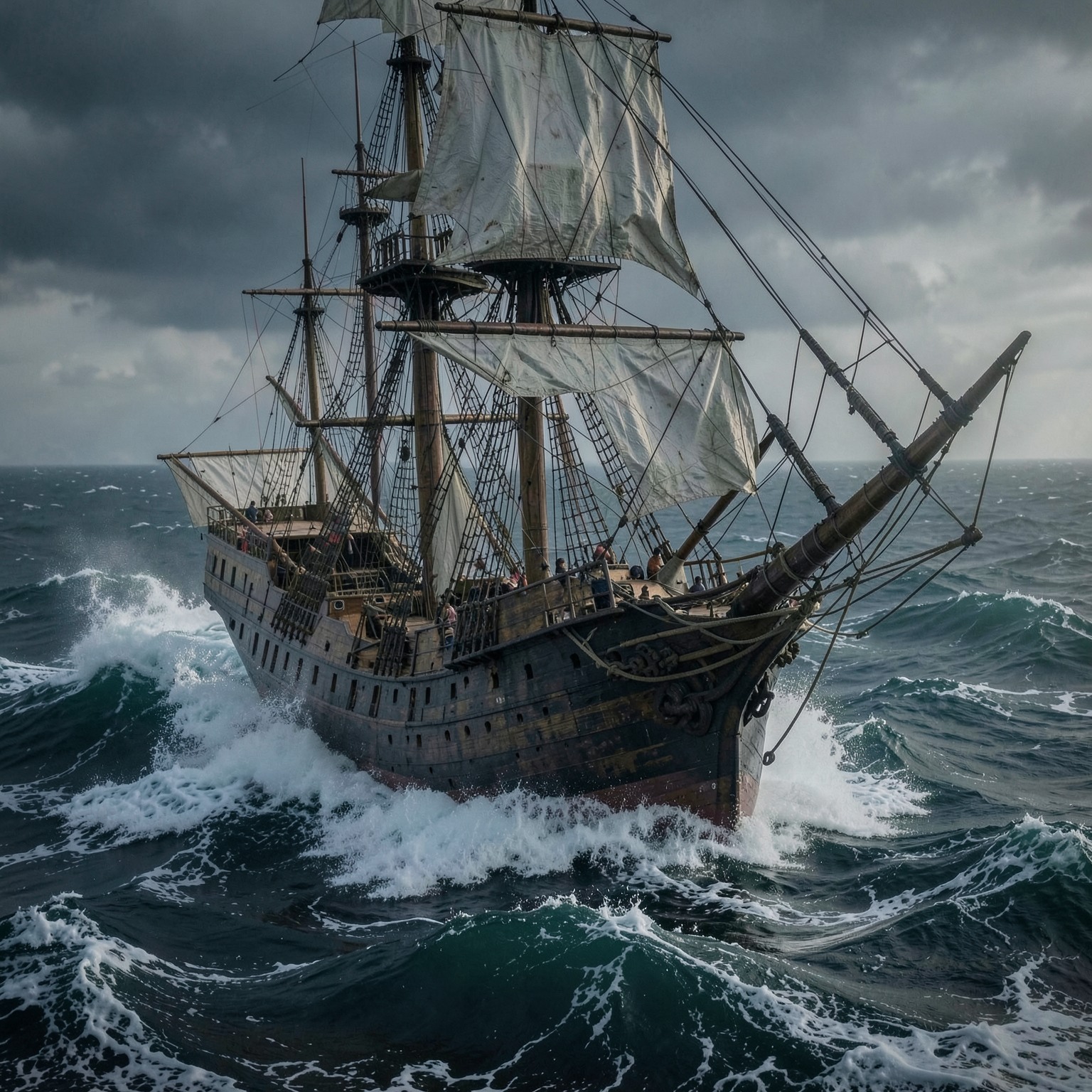 realistic pirate ship in giant storm waves, cinematic ocean scene