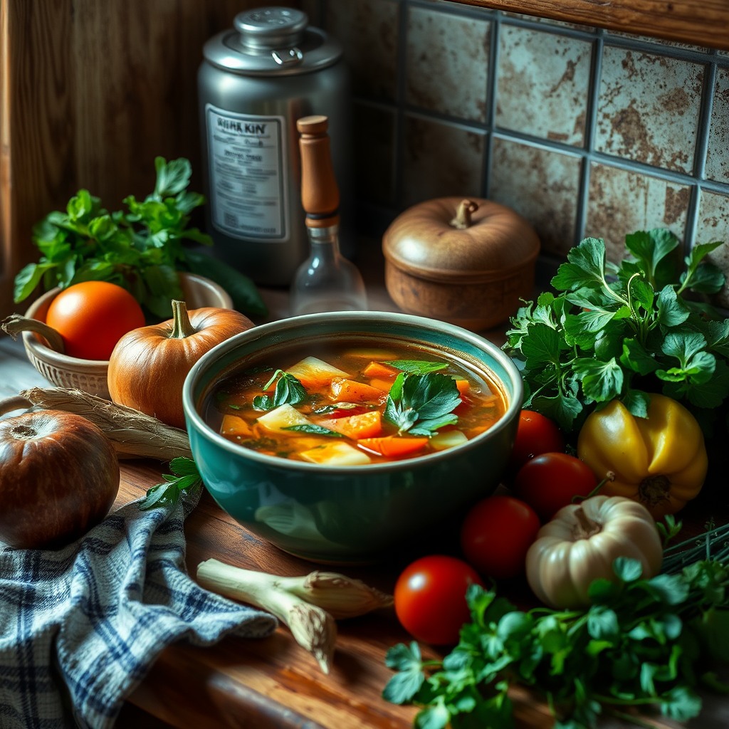 vegetable soup ingredients, cozy kitchen mood