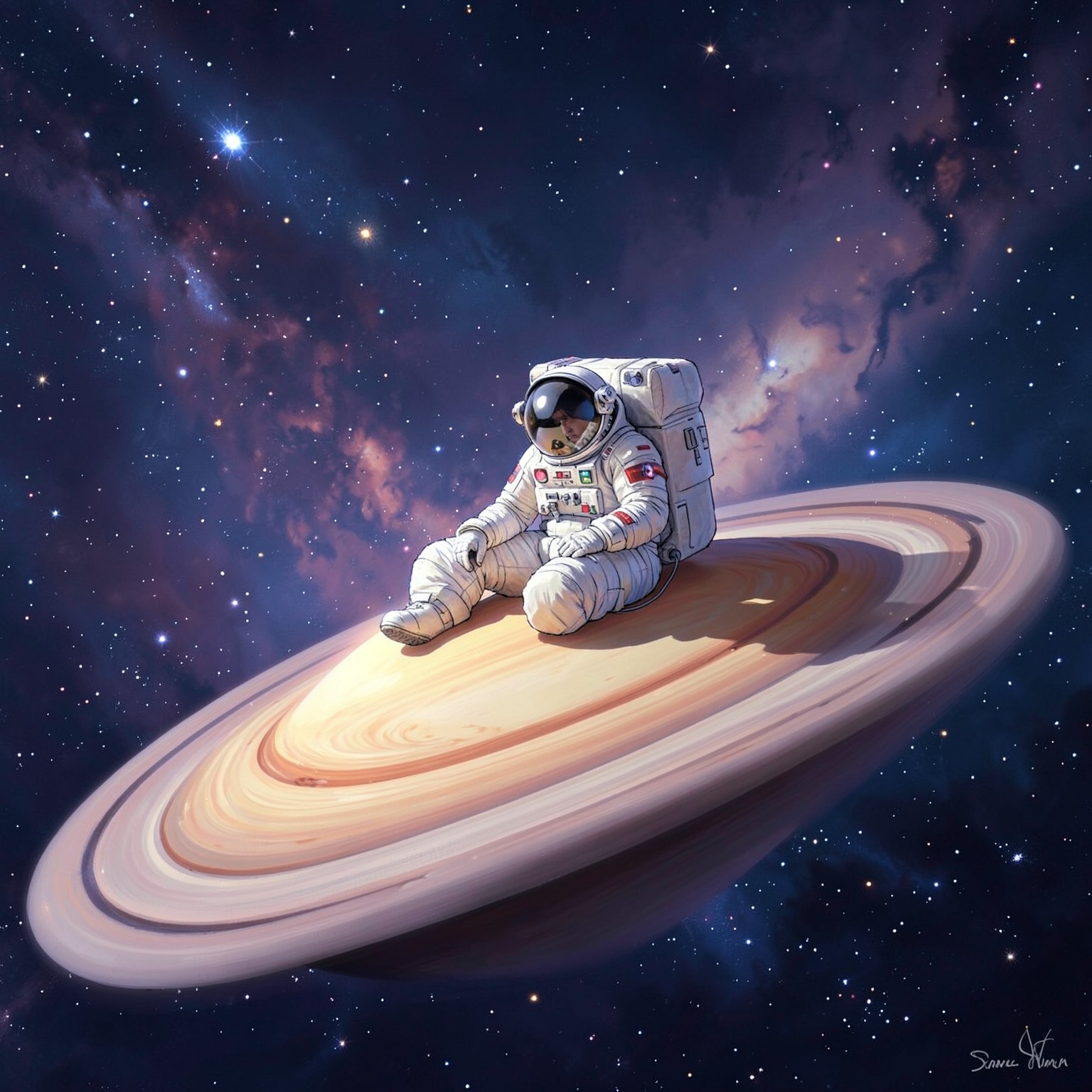Astronaut sitting on top of Saturn rings, dreamy cosmic art