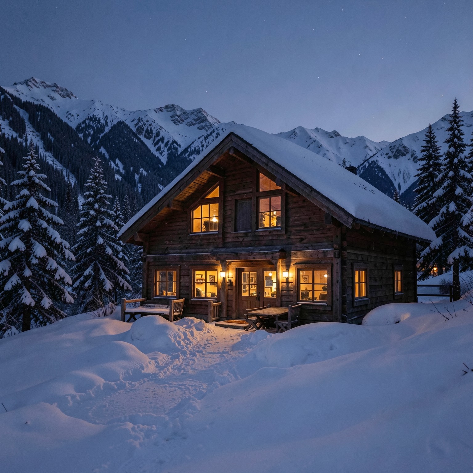 cozy cabin in snowy mountains with warm lights at night