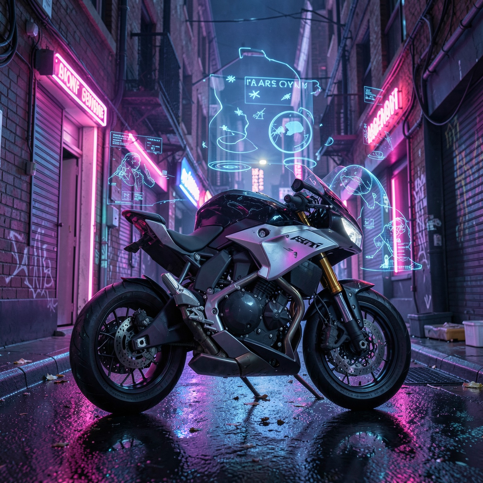 futuristic motorcycle parked in neon alley with holograms