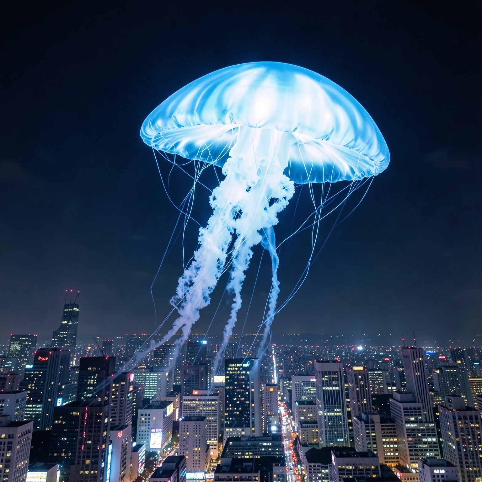giant glowing jellyfish floating above Tokyo