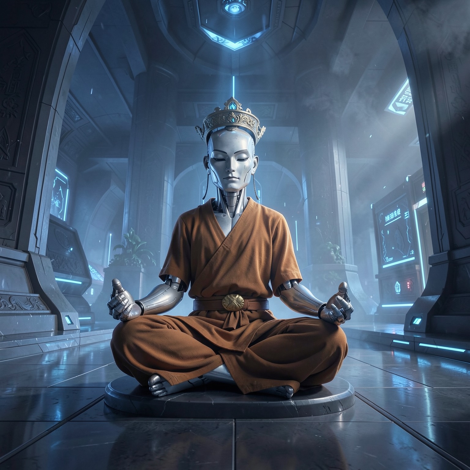 Robot monk meditating inside futuristic temple