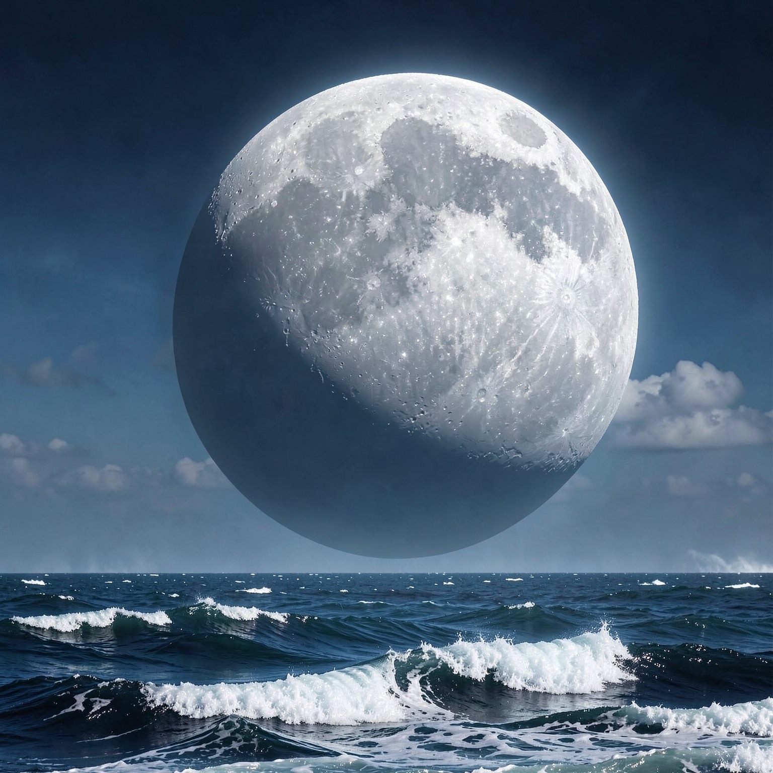 surreal giant moon above ocean waves