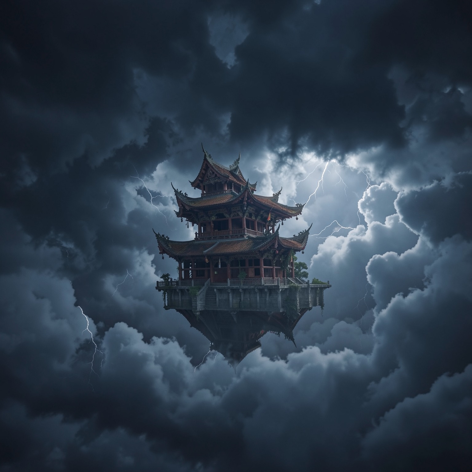 Floating temple above storm clouds