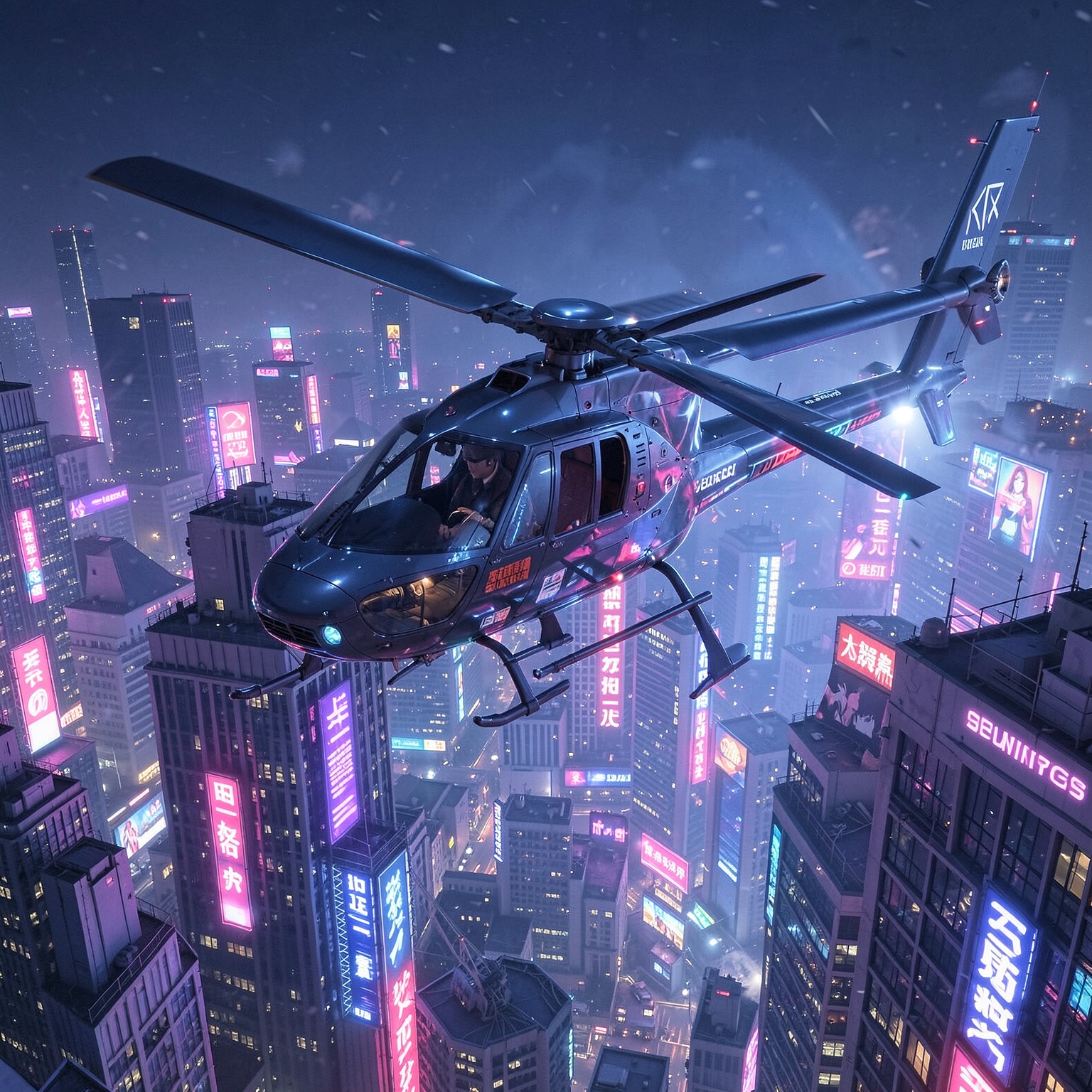 futuristic helicopter flying above neon skyline
