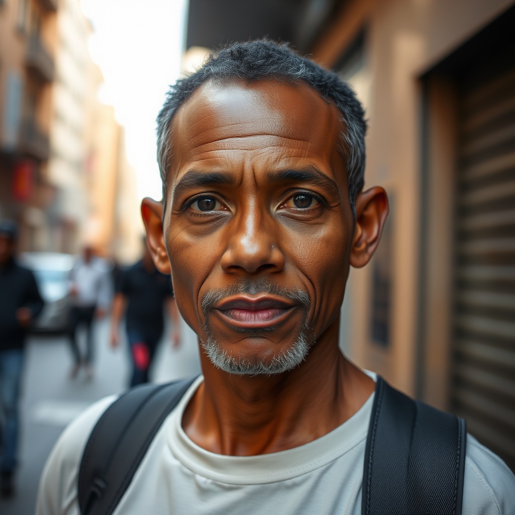 street photography portrait, natural light, candid expression, urban background