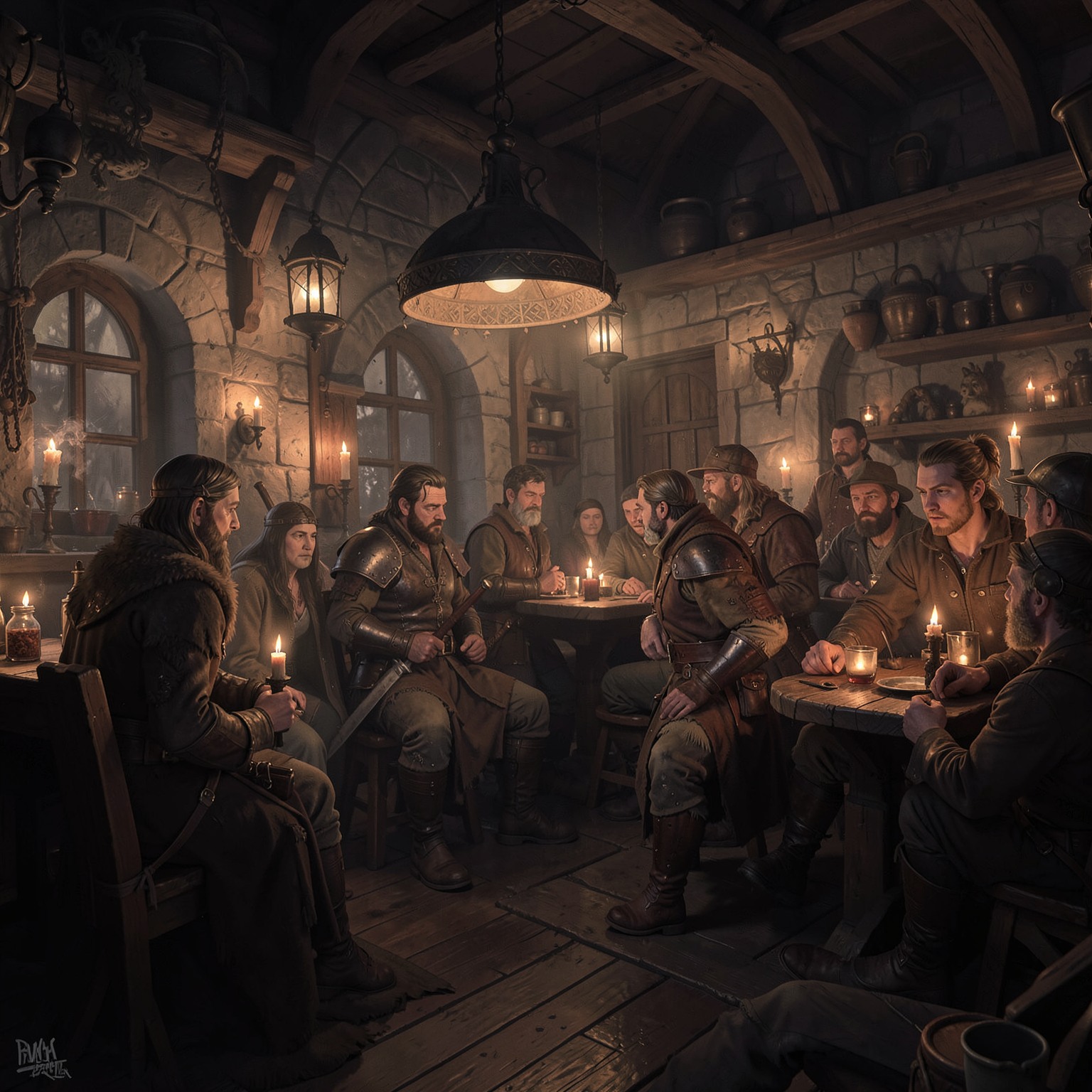 medieval tavern interior full of adventurers and candles