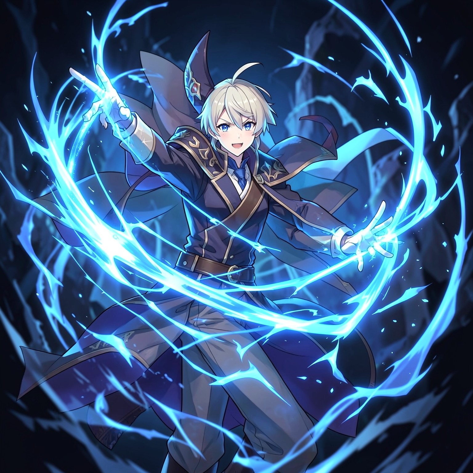 anime wizard casting blue fire magic, detailed effects