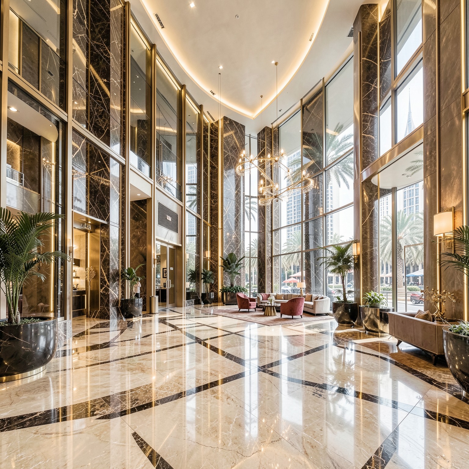 Luxury hotel lobby in futuristic Dubai, gold and marble aesthetic