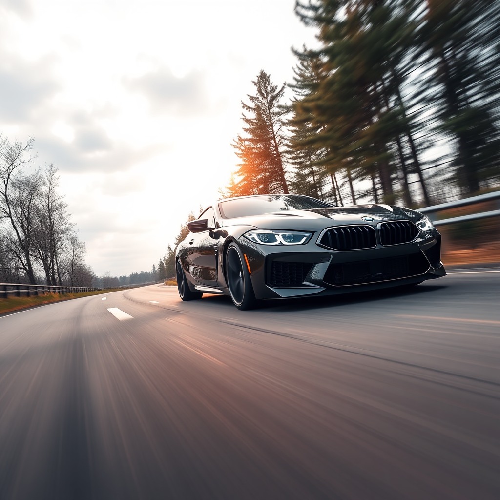 bmw car m8  on the road, photorealistic cinematic, wide angle, 24mm wide lens