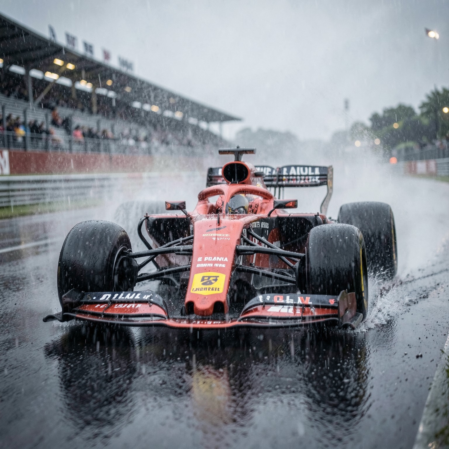 realistic Formula 1 car racing through rain at high speed