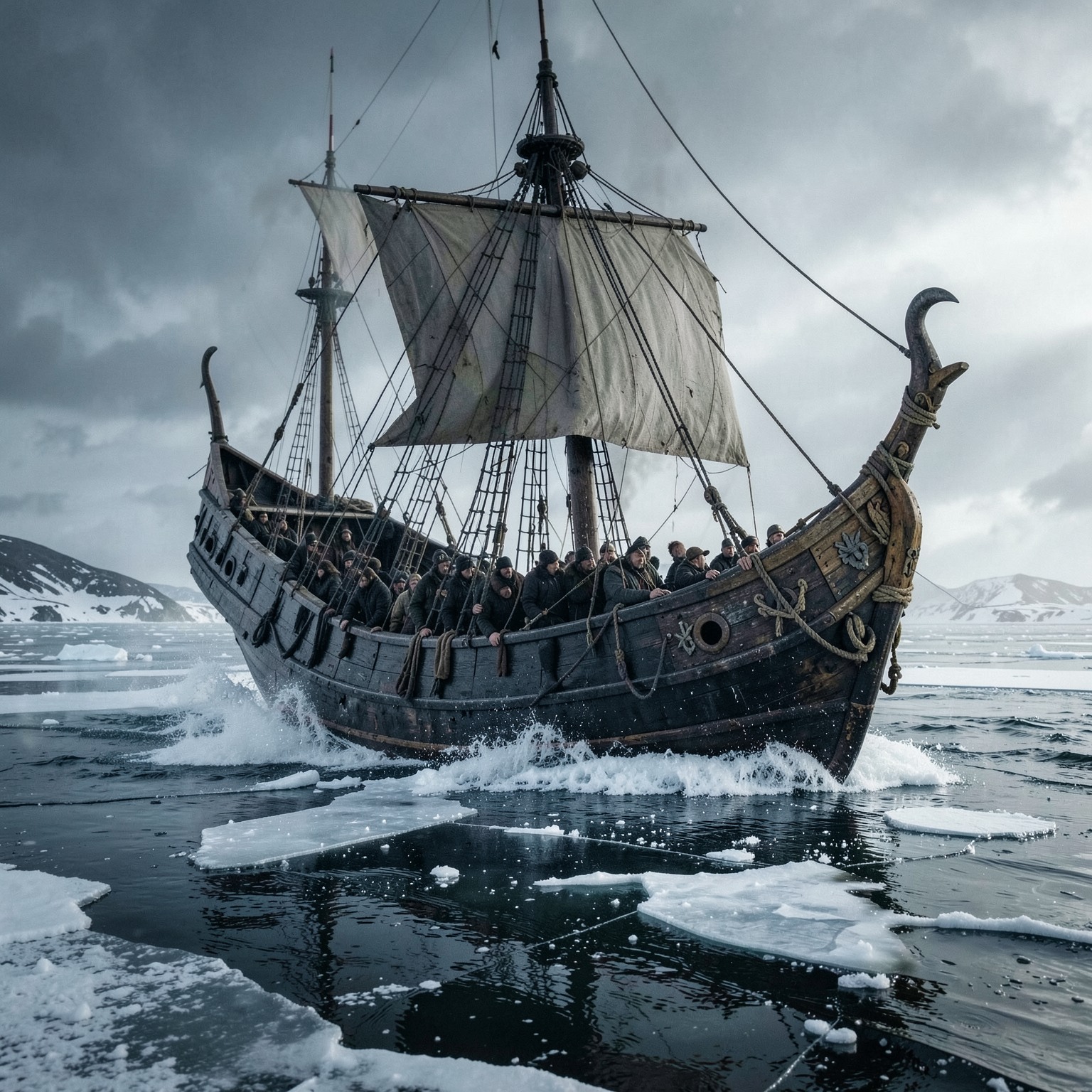 cinematic Viking ship crossing frozen ocean