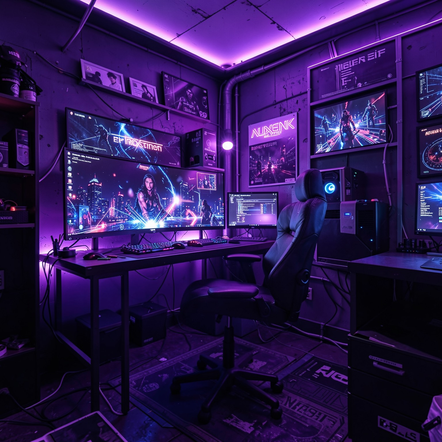 cyberpunk gamer room with neon purple lighting