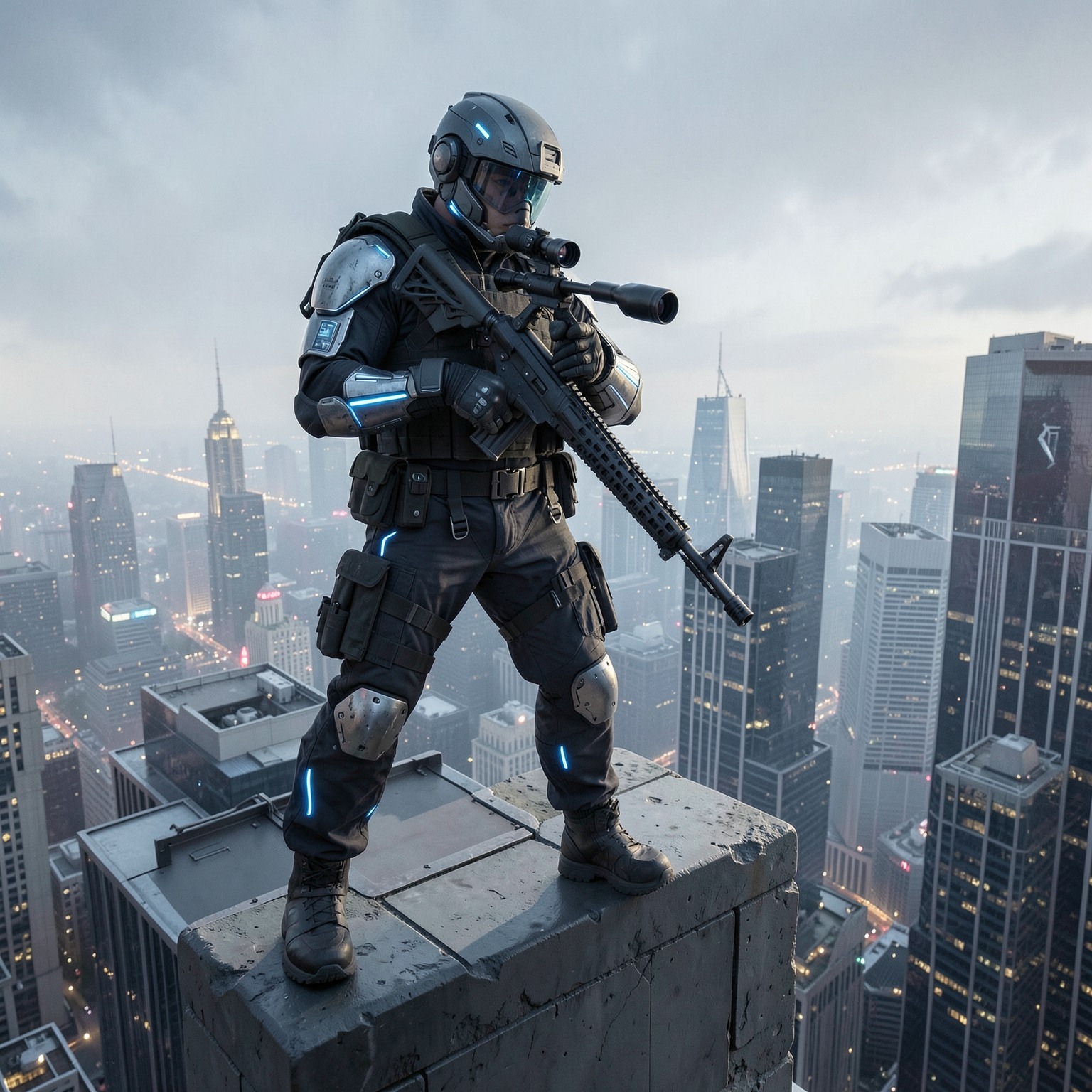 futuristic sniper standing on skyscraper edge